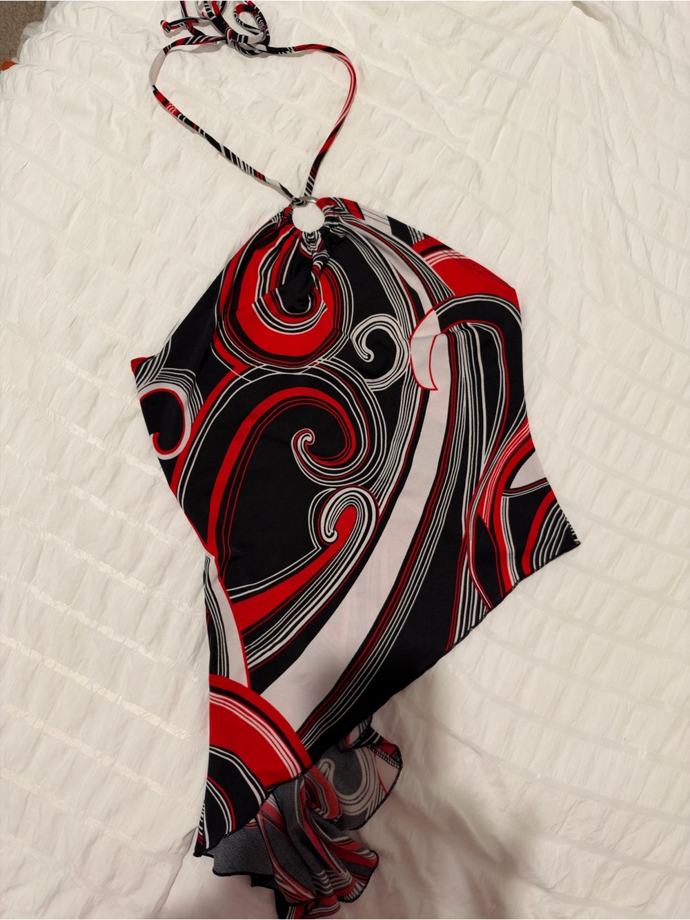 Finesse Y2K Red, Black & White Swirl Halter Top